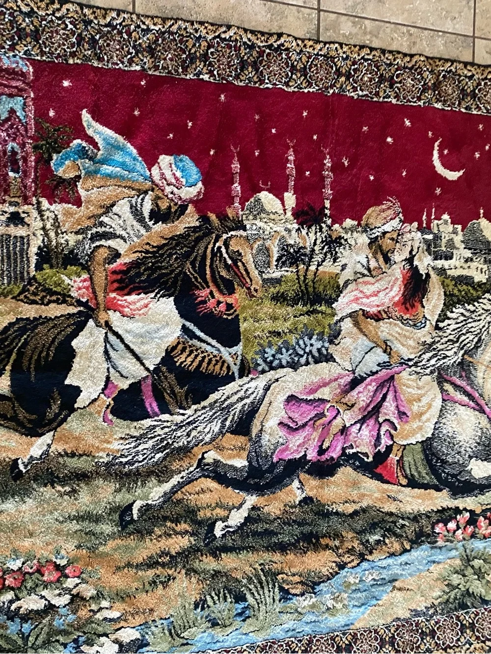 Vintage Arabian Nights Velvet Pictorial Tapestry Wall Hanging Rug Large 68”x46”